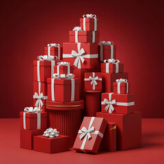 A large, festive stack of red gift boxes with white ribbons, creating a vibrant and celebratory display against a matching red background.