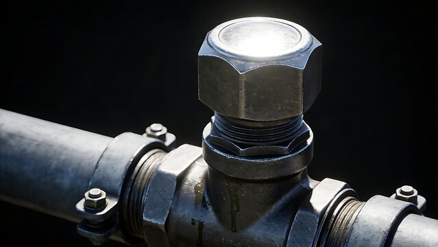 discontinuous. Metal nodules on industrial pipe valves reflecting light, metallic texture detail. safety posters, maintenance manuals, designed for industrial assembly lines and welding operations.