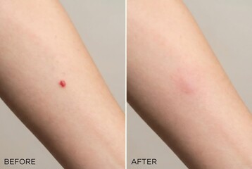 Woman arm with red nevus before and after removal treatment. Medical dermatology concept for skin health and cosmetic procedure.