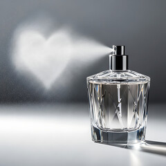 Elegant glass perfume bottle spraying a heart-shaped mist against a soft grey background, symbolizing love and fragrance.
