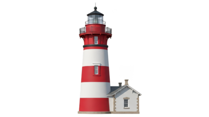 Classic red and white striped maritime lighthouse building, background removal for coastal design.