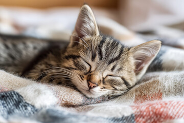 A small kitten sleeps on a blanket in a softly colored, cozy setting.