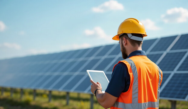 A technician holding a tablet stands in front of a row of solar panels.