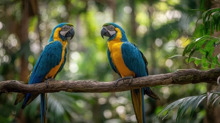 Obraz premium Bonded macaw pair resting together on a branch amid tropical greenery