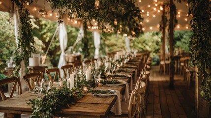 Obraz premium Botanical greenery wedding table setting under a tent with warm string lights and lush garland decor