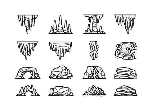 Rock Formation Icons. Rock formations. Line icon set of rock formations: stalactite cluster, stalagmite cluster, column formation, flowstone, cave drapery,