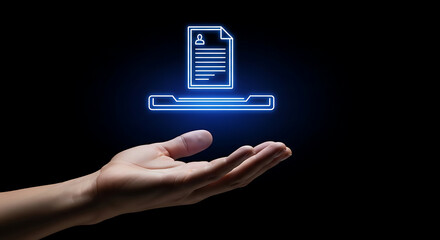 Floating resume hologram over hand career application job search digital employment opportunity