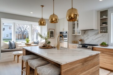 Bright minimalist kitchen featuring quartz countertops, glass cabinets, and clean lines