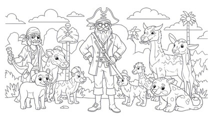 Obraz premium Cartoon pirate character with animals in a black and white illustration