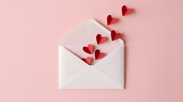 A white envelope with red paper hearts spilling out on a pink background for Valentines Day