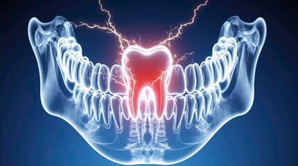 3d render human teeth and jaw in a semi-transparent x-ray style, one tooth in the center glows bright red, surrounded by electric sparks and effects symbolizing sharp dental pain or tooth sensitivity.