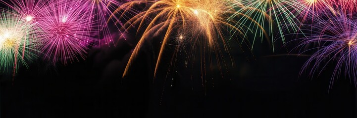 Colorful fireworks exploding in the night sky with a black background at the bottom for copy space