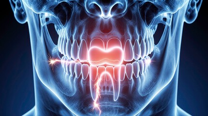 3d render human teeth and jaw in a semi-transparent x-ray style, one tooth in the center glows bright red, surrounded by electric sparks and effects symbolizing sharp dental pain or tooth sensitivity.