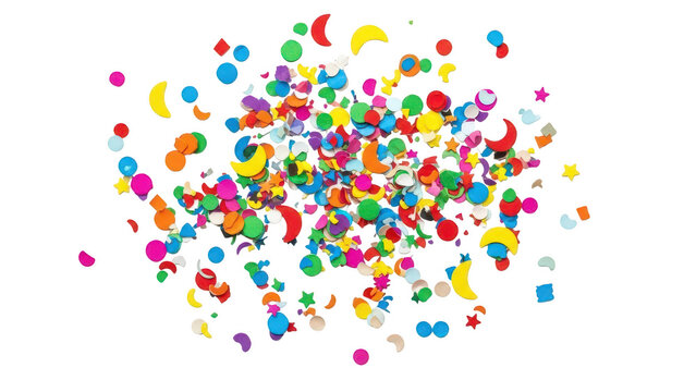 Dense scatter of multi-colored paper confetti shapes, cut-out with PNG with alpha channel.