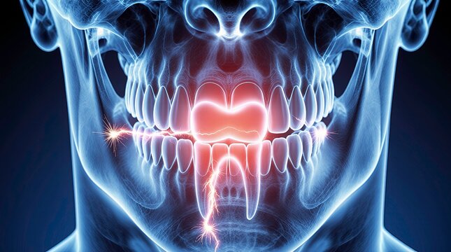 3d render human teeth and jaw in a semi-transparent x-ray style, one tooth in the center glows bright red, surrounded by electric sparks and effects symbolizing sharp dental pain or tooth sensitivity. - Powered by Adobe