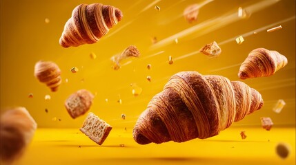 Croissants and pieces of bread are seen floating above a bright yellow surface, creating a lively food display