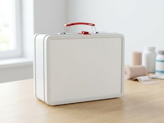 White metal lunchbox with red handle on wooden table