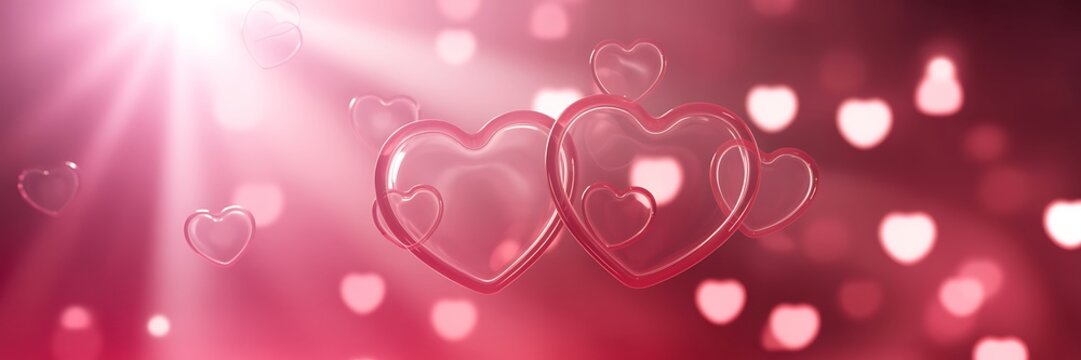 Beautiful pink hearts floating in romantic light with bokeh effect on red background - Powered by Adobe