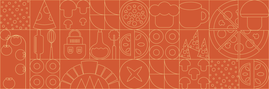 Pizza mosaic seamless pattern, flat line design, pizza ingredients and slices, abstract geometric design of Italian pizzeria