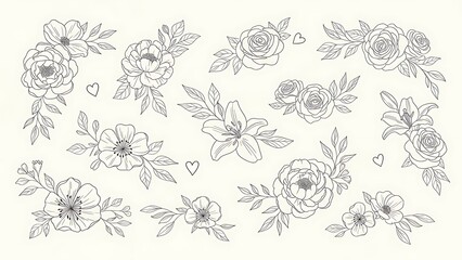 Delicate floral arrangement a collection of sketched roses lilies and peonies