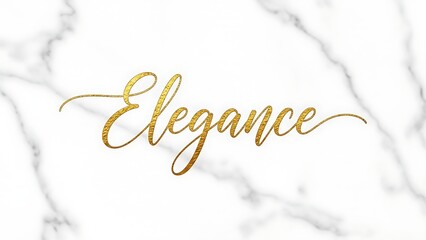 Golden calligraphy of the word elegance on a white marble background