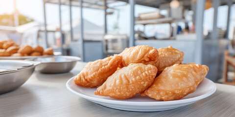 Fried pastry on white plate with metal bowls and blurred background in bright setting