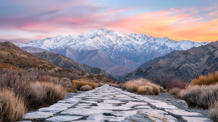 Mountains tower in the background as a stone pathway leads through the landscape under the twilight sky during evening time