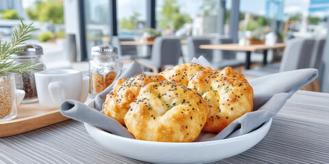 Fresh baked bread rolls with sesame seeds on plate in cozy cafe setting