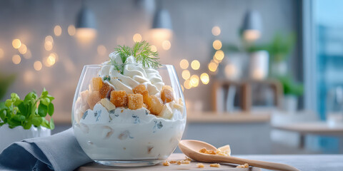 Creamy dessert with whipped topping and crunchy cubes in glass bowl on table