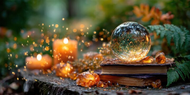 Magical Crystal Ball on Stacked Books in Nature