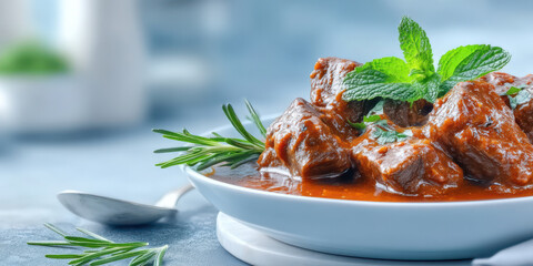 Tender beef stew with rich sauce and fresh herbs served on white plate