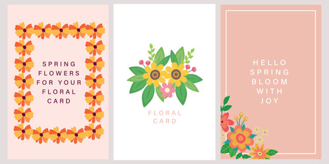 Three vertical floral greeting card templates celebrating the joyful spring season, featuring stylized vector illustrations, blooming flowers, and pastel design.