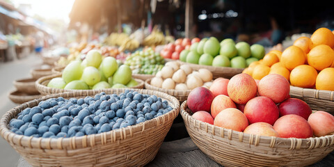 Handwoven baskets filled with fresh colorful fruits at outdoor market in warm sunlight