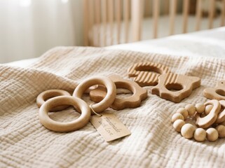 Wooden baby toys resting on soft beige crib bedding