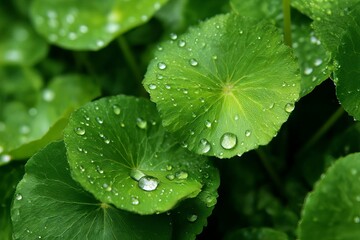 Green centella asiatica leaves are shown with water droplets resting on their surfaces in a lush area