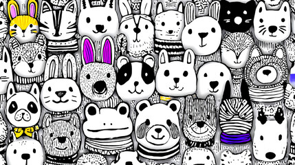 Bright colors fill the scene as various animal characters come together in a detailed doodle art display, creating a fun collection