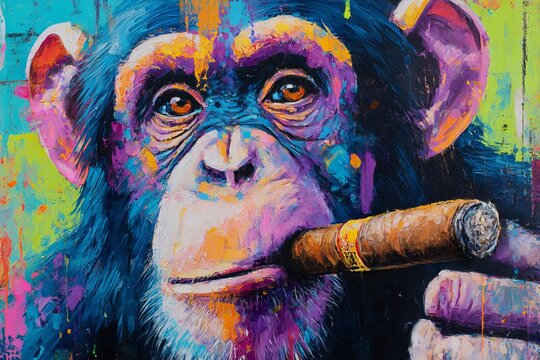 A chimpanzee is portrayed with bright colors while holding a cigar, showcasing urban street art in a city setting during the day