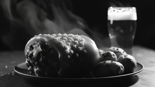 Black and white still life of a steaming roasted pork knuckle with potatoes and beer