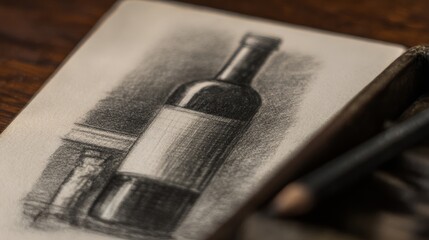 A hand-drawn sketch of a wine bottle sits on a notepad. The notepad is on a wooden table with some art supplies around it
