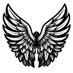 This vector illustration set features a black silhouette of a heart with eagle wings in a tribal tattoo design, symbolizing love through a flying angel feather element in a grunge heraldic style