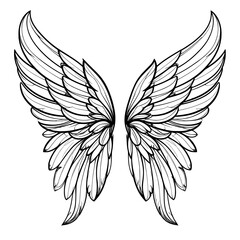Artistic black and white simple angel wings tattoo design with eagle feathers and tribal angel silhouette vector illustration for a symbolic heart flying art decoration