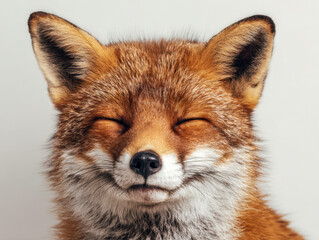 Fototapeta premium Portrait of a serene red fox with closed eyes showcasing detailed fur texture and peaceful expression against a plain background