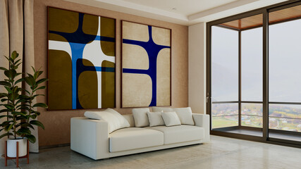 Naklejka premium Large luxury modern bright interiors Living room mockup illustration 3D rendering image