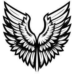 A decorative black simple angel wing vector illustration featuring a tribal phoenix silhouette and feather art for an angel tattoo design or flying animal logo element