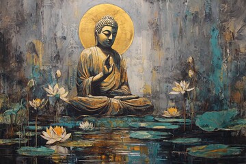 Buddha figure sits on lotus flowers with hands raised, surrounded by water and light in a tranquil setting