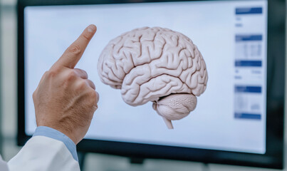 Human hand gesture neural brain scan digital medical display guidance, clinical neurology analysis focus, modern healthcare research concept