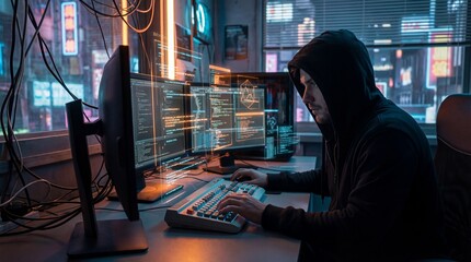 A hooded figure is deeply engrossed in coding at a computer setup, the scene suggesting cyber activity and potential digital threats.
