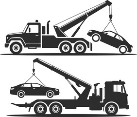 Tow Truck Lifting Car Silhouette Vector Illustration. © NASRIN