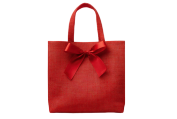 Red Gift Tote Bag with Satin Ribbon Bow Shopping Bag Isolated on Transparent Background