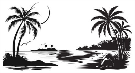 Serene tropical beach landscape illustration in black and white. Featuring palm trees, a calm ocean, and a distant island. Classic vector silhouette for travel and summer themes. © hadi